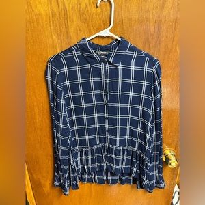 Express Navy Blue Check Plaid Peplum Ruffle Hem Button Down Blouse